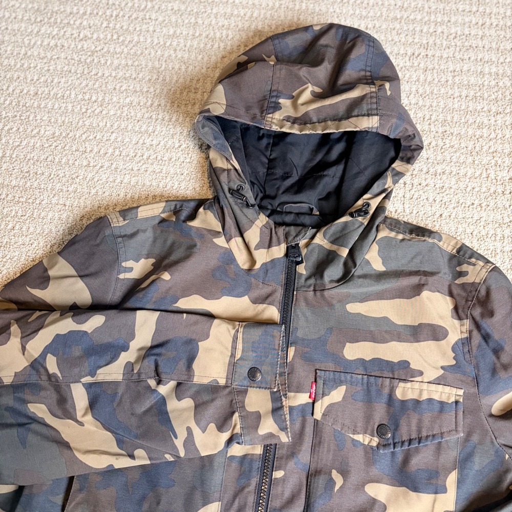 Levis Mens Camouflage Hooded Field Jacket Quilted Lining Brown Green Size M